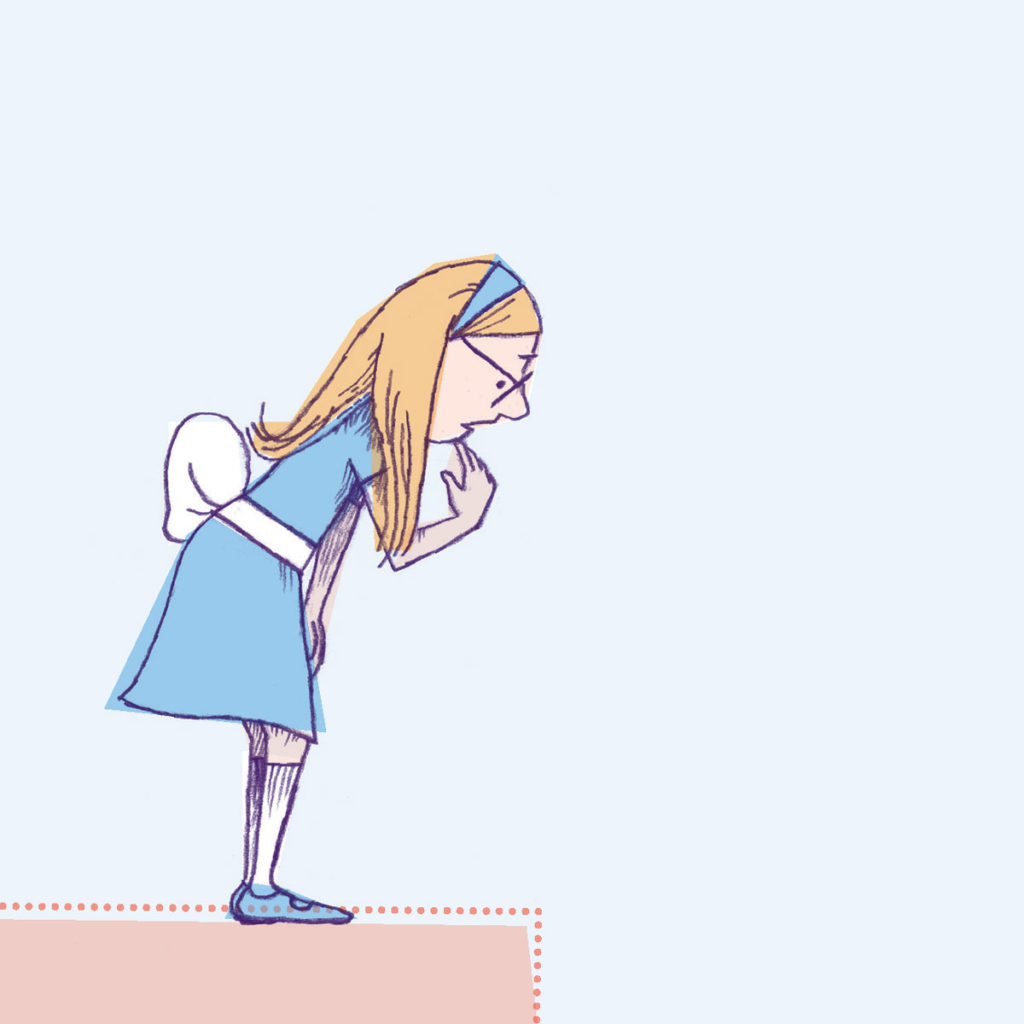 an illustration of a girl looking down over a precipice