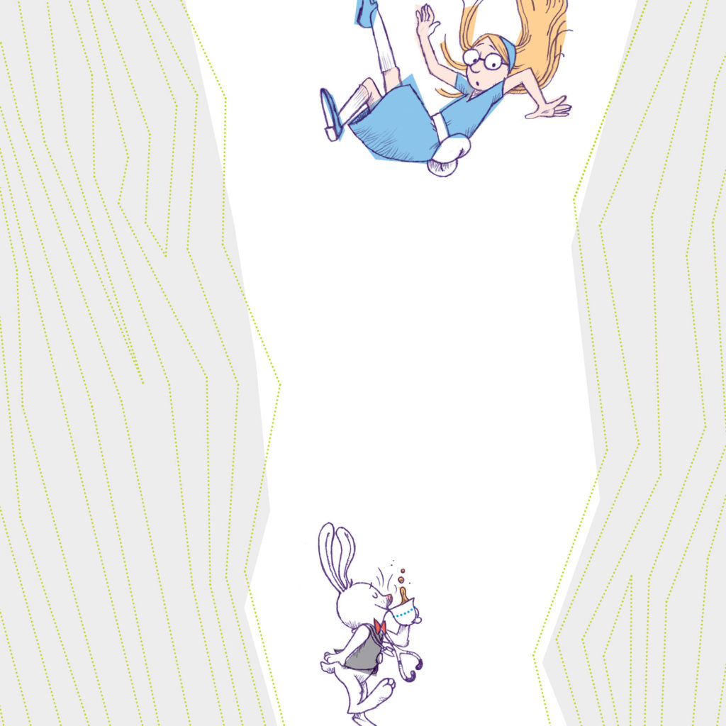 an illustration of a girl falling through the air and a rabbit falling while drinking tea