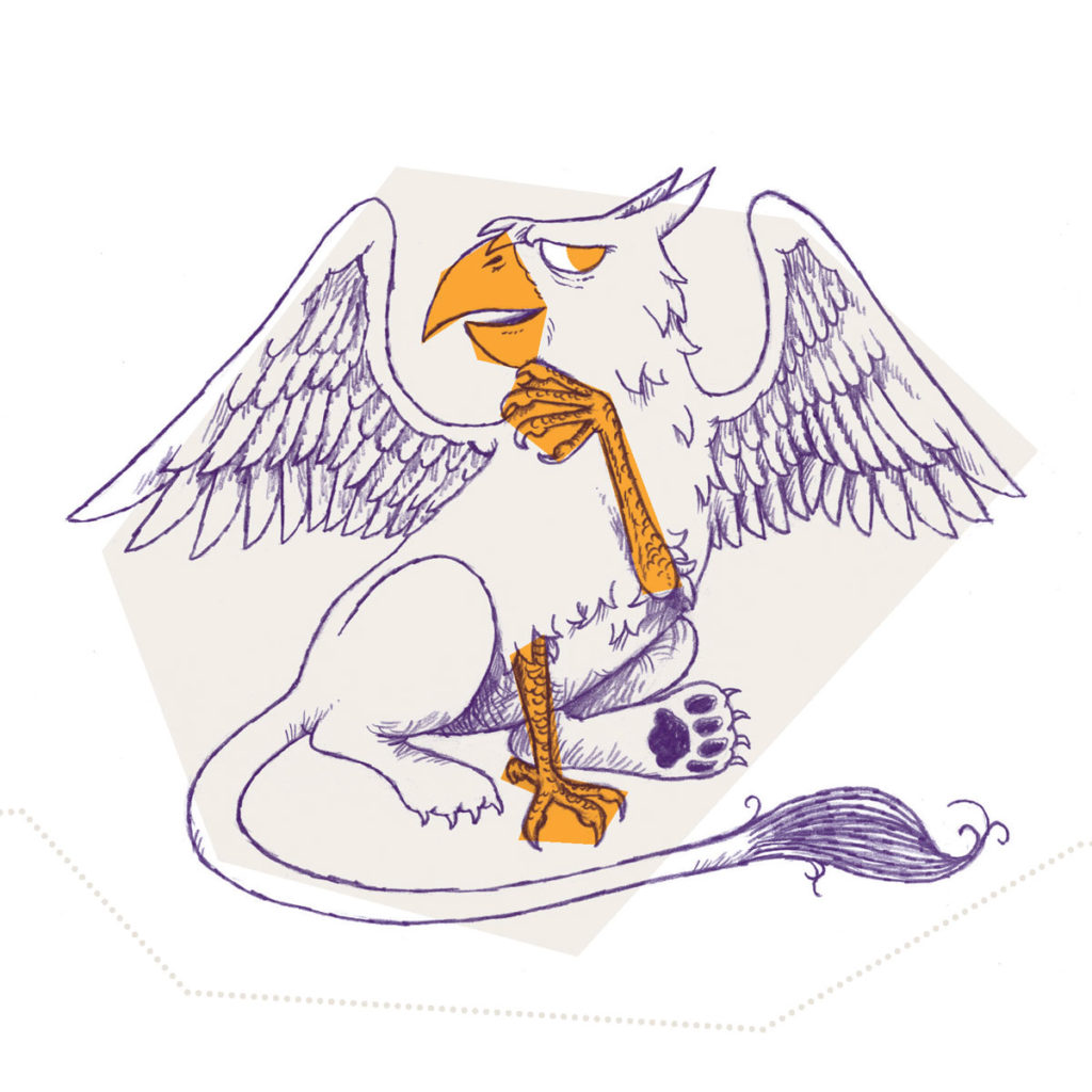 an illustration of a gryphon thinking
