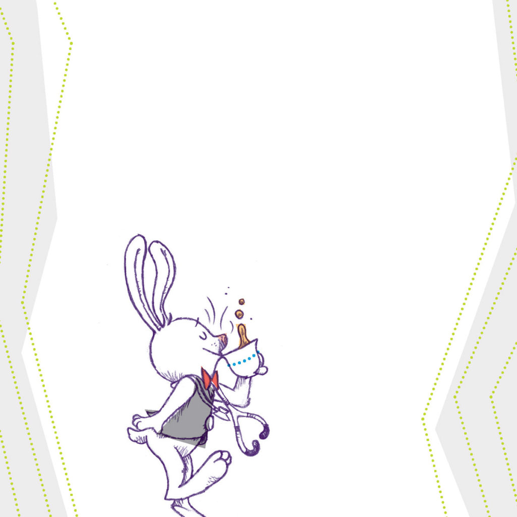 an illustration of a rabbit drinking tea while falling